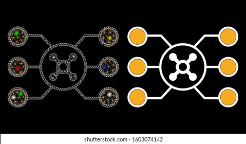 Flare mesh roulette circuit icon with glare effect. Abstract illuminated model of roulette circuit. Shiny wire frame triangular mesh roulette circuit icon. Vector abstraction on a black background.