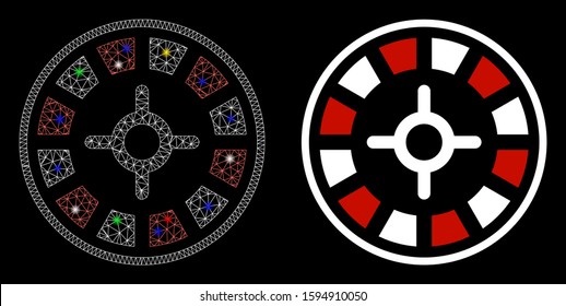 Flare mesh roulette icon with glow effect. Abstract illuminated model of roulette. Shiny wire carcass polygonal mesh roulette icon. Vector abstraction on a black background.