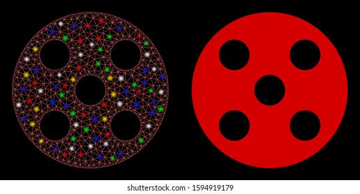 Flare mesh round dice icon with lightspot effect. Abstract illuminated model of round dice. Shiny wire frame polygonal mesh round dice icon. Vector abstraction on a black background.