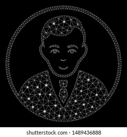 Flare mesh rounded gentleman with sparkle effect. Abstract illuminated model of rounded gentleman icon. Shiny wire frame polygonal mesh rounded gentleman. Vector abstraction on a black background.
