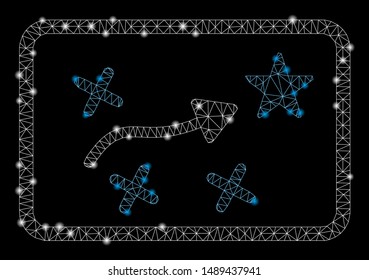 Flare mesh route map with glitter effect. Abstract illuminated model of route map icon. Shiny wire carcass polygonal mesh route map. Vector abstraction on a black background.