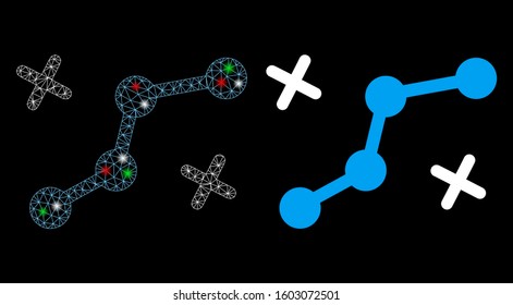 Flare mesh route points icon with glow effect. Abstract illuminated model of route points. Shiny wire frame triangular mesh route points icon. Vector abstraction on a black background.