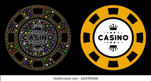 Flare mesh royal casino chip icon with sparkle effect. Abstract illuminated model of royal casino chip. Shiny wire carcass polygonal mesh royal casino chip icon.