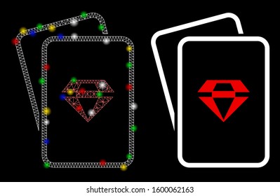 Flare mesh ruby gambling cards icon with glitter effect. Abstract illuminated model of ruby gambling cards. Shiny wire carcass triangular mesh ruby gambling cards icon.