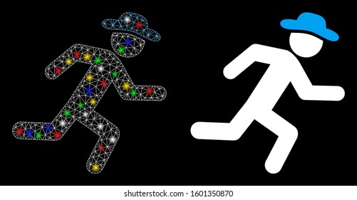 Flare mesh running gentleman icon with sparkle effect. Abstract illuminated model of running gentleman. Shiny wire carcass polygonal mesh running gentleman icon.