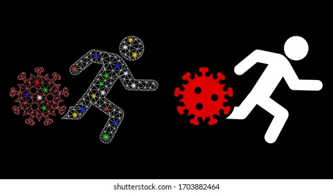 Flare mesh running man from coronavirus with glare effect. Abstract illuminated model of running man from coronavirus icon. White wire frame polygonal mesh running man from coronavirus and base icon.