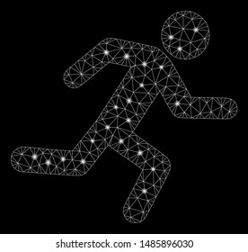 Flare mesh running man with glare effect. Abstract illuminated model of running man icon. Shiny wire frame polygonal mesh running man. Vector abstraction on a black background.