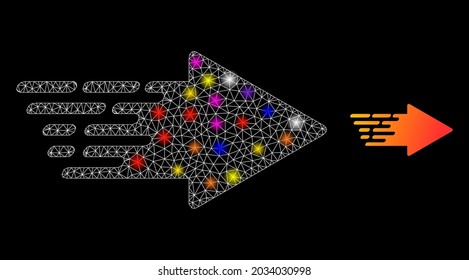 Flare mesh rush arrow glare icon with light spots. Illuminated vector model based on rush arrow pictogram. Sparkle frame mesh rush arrow on a black background. Linear frame 2D mesh in vector format.