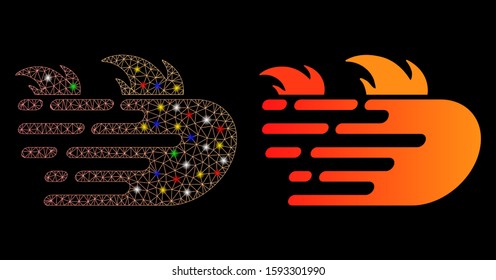 Flare mesh rush fire icon with glitter effect. Abstract illuminated model of rush fire. Shiny wire carcass polygonal mesh rush fire icon. Vector abstraction on a black background.