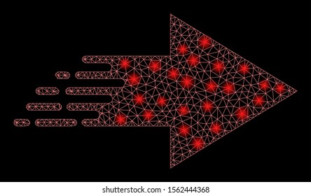 Flare mesh rush move right with glow effect. Abstract illuminated model of rush move right icon. Shiny wire carcass triangular mesh rush move right. Vector abstraction on a black background.