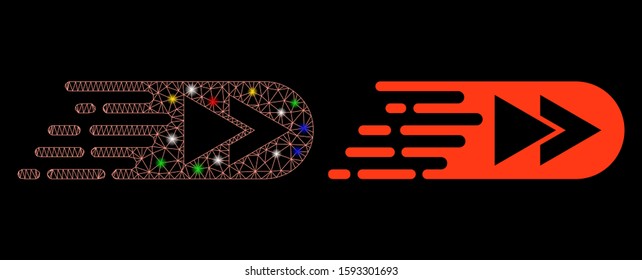 Flare mesh rush rewind forward icon with lightspot effect. Abstract illuminated model of rush rewind forward. Shiny wire carcass triangular mesh rush rewind forward icon.