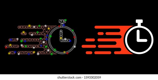 Flare mesh rush stopwatch icon with glare effect. Abstract illuminated model of rush stopwatch. Shiny wire carcass polygonal mesh rush stopwatch icon. Vector abstraction on a black background.