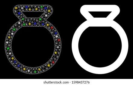 Flare mesh sack icon with glitter effect. Abstract illuminated model of sack. Shiny wire carcass polygonal mesh sack icon. Vector abstraction on a black background.