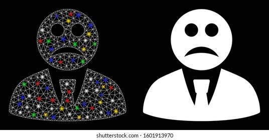 Flare mesh sad boss icon with glow effect. Abstract illuminated model of sad boss. Shiny wire carcass triangular mesh sad boss icon. Vector abstraction on a black background.