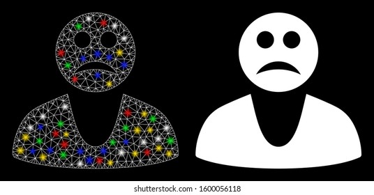 Flare mesh sad guy icon with sparkle effect. Abstract illuminated model of sad guy. Shiny wire carcass triangular mesh sad guy icon. Vector abstraction on a black background.