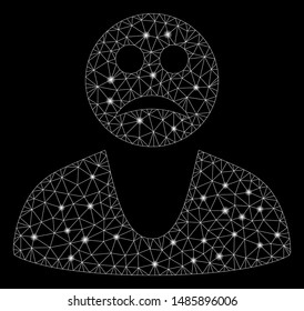 Flare mesh sad guy with sparkle effect. Abstract illuminated model of sad guy icon. Shiny wire carcass triangular network sad guy. Vector abstraction on a black background.