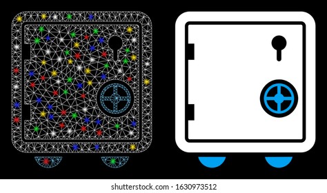 Flare mesh safe icon with glare effect. Abstract illuminated model of safe. Shiny wire carcass polygonal network safe icon. Vector abstraction on a black background.