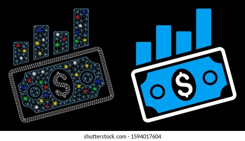 Flare mesh sales bar chart icon with glare effect. Abstract illuminated model of sales bar chart. Shiny wire frame polygonal network sales bar chart icon. Vector abstraction on a black background.