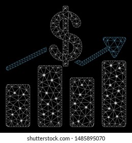 Flare mesh sales chart with glare effect. Abstract illuminated model of sales chart icon. Shiny wire carcass triangular mesh sales chart. Vector abstraction on a black background.