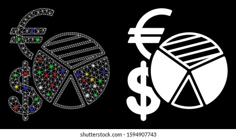 Flare mesh sales pie chart icon with sparkle effect. Abstract illuminated model of sales pie chart. Shiny wire carcass triangular mesh sales pie chart icon. Vector abstraction on a black background.