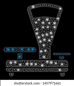 Flare mesh scales with lightspot effect. Abstract illuminated model of scales icon. Shiny wire frame polygonal mesh scales. Vector abstraction on a black background.