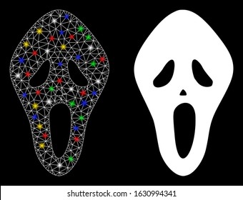 Flare Mesh Scary Mask Icon With Glitter Effect. Abstract Illuminated Model Of Scary Mask. Shiny Wire Carcass Polygonal Network Scary Mask Icon. Vector Abstraction On A Black Background.