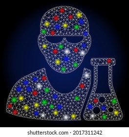 Flare mesh scientist with flask with glare effect. Abstract illuminated vector model of scientist with flask icon on a dark blue gradiented background.