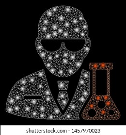 Flare mesh scientist with glow effect. Abstract illuminated model of scientist icon. Shiny wire carcass triangular mesh scientist. Vector abstraction on a black background.