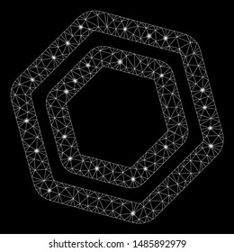 Flare mesh screw nut with lightspot effect. Abstract illuminated model of screw nut icon. Shiny wire frame polygonal mesh screw nut. Vector abstraction on a black background.