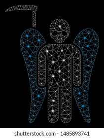 Flare mesh scythe death angel with lightspot effect. Abstract illuminated model of scythe death angel icon. Shiny wire carcass polygonal mesh scythe death angel.