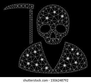 Flare mesh scytheman with glitter effect. Abstract illuminated model of scytheman icon. Shiny wire carcass triangular mesh scytheman. Vector abstraction on a black background.