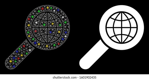 Flare mesh search globe place icon with glare effect. Abstract illuminated model of search globe place. Shiny wire carcass polygonal mesh search globe place icon.