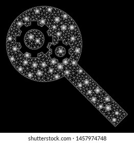 Flare mesh search tools with sparkle effect. Abstract illuminated model of search tools icon. Shiny wire frame polygonal mesh search tools. Vector abstraction on a black background.
