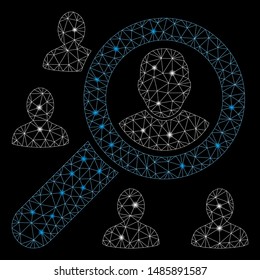Flare mesh search users with glitter effect. Abstract illuminated model of search users icon. Shiny wire frame polygonal network search users. Vector abstraction on a black background.