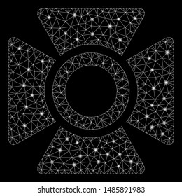 Flare mesh searchlight with glare effect. Abstract illuminated model of searchlight icon. Shiny wire frame polygonal mesh searchlight. Vector abstraction on a black background.