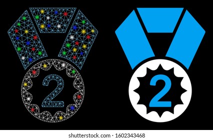 Flare mesh second place icon with glitter effect. Abstract illuminated model of second place. Shiny wire frame triangular mesh second place icon. Vector abstraction on a black background.