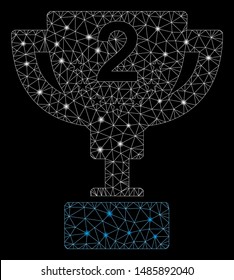 Flare mesh second prize cup with glow effect. Abstract illuminated model of second prize cup icon. Shiny wire frame triangular mesh second prize cup. Vector abstraction on a black background.