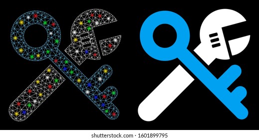 Flare mesh security tools icon with lightspot effect. Abstract illuminated model of security tools. Shiny wire carcass triangular mesh security tools icon. Vector abstraction on a black background.