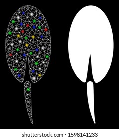 Flare mesh seed root icon with glow effect. Abstract illuminated model of seed root. Shiny wire carcass triangular network seed root icon. Vector abstraction on a black background.