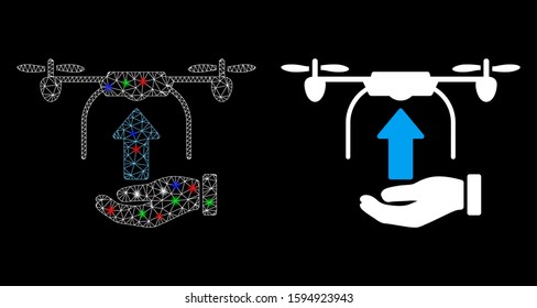 Flare mesh send drone hand icon with glow effect. Abstract illuminated model of send drone hand. Shiny wire carcass triangular mesh send drone hand icon. Vector abstraction on a black background.