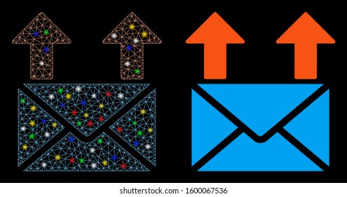 Flare mesh send mail icon with glitter effect. Abstract illuminated model of send mail. Shiny wire frame triangular mesh send mail icon. Vector abstraction on a black background.