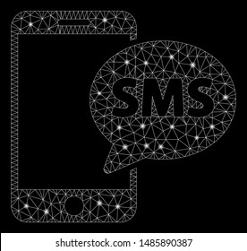 Flare mesh send phone SMS with glow effect. Abstract illuminated model of send phone SMS icon. Shiny wire frame polygonal mesh send phone SMS. Vector abstraction on a black background.