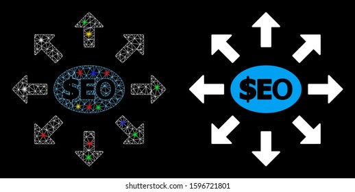 Flare mesh seo marketing icon with glitter effect. Abstract illuminated model of seo marketing. Shiny wire frame polygonal mesh seo marketing icon. Vector abstraction on a black background.