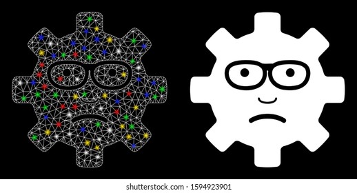 Flare mesh service gear sad smile icon with glow effect. Abstract illuminated model of service gear sad smile. Shiny wire frame triangular mesh service gear sad smile icon.