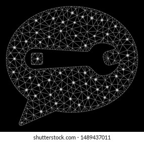 Flare mesh service message with glare effect. Abstract illuminated model of service message icon. Shiny wire frame polygonal network service message. Vector abstraction on a black background.
