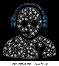 Flare mesh service operator with glow effect. Abstract illuminated model of service operator icon. Shiny wire frame polygonal mesh service operator. Vector abstraction on a black background.