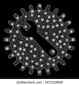 Flare mesh service tools with glare effect. Abstract illuminated model of service tools icon. Shiny wire carcass polygonal mesh service tools. Vector abstraction on a black background.
