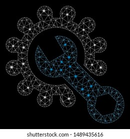 Flare mesh service tools with glow effect. Abstract illuminated model of service tools icon. Shiny wire carcass polygonal network service tools. Vector abstraction on a black background.