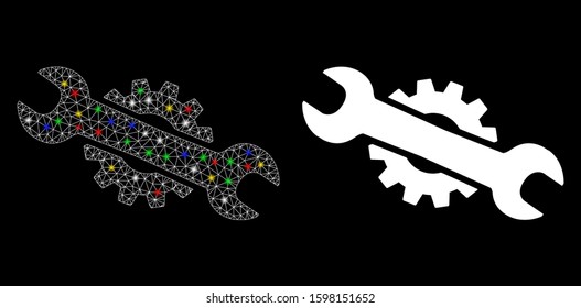 Flare mesh service wrench icon with glitter effect. Abstract illuminated model of service wrench. Shiny wire carcass polygonal mesh service wrench icon. Vector abstraction on a black background.