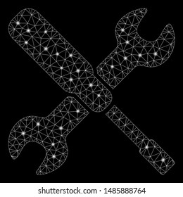 Flare mesh settings options with glare effect. Abstract illuminated model of settings options icon. Shiny wire carcass polygonal network settings options. Vector abstraction on a black background.